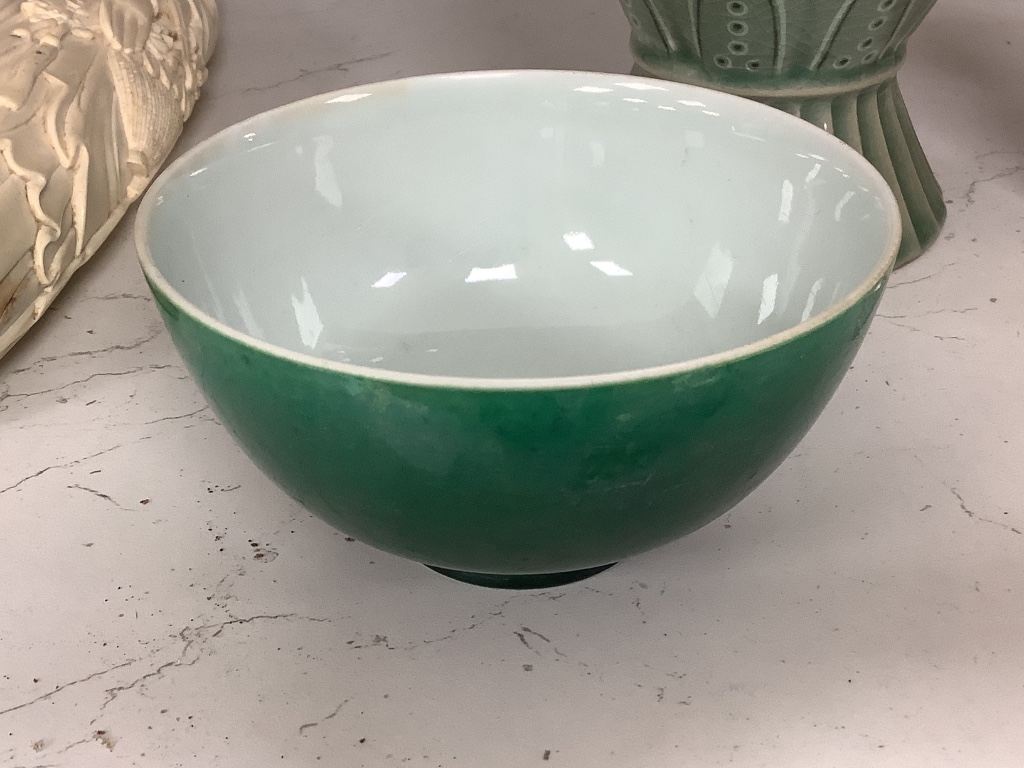 A Chinese green glazed bowl and a Korean celadon vase, height 27cm